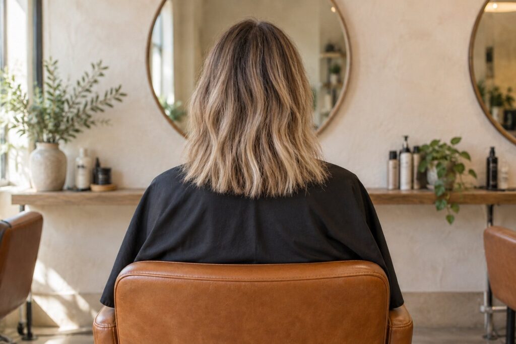 Collarbone-length hair with soft blended blonde, seen from behind