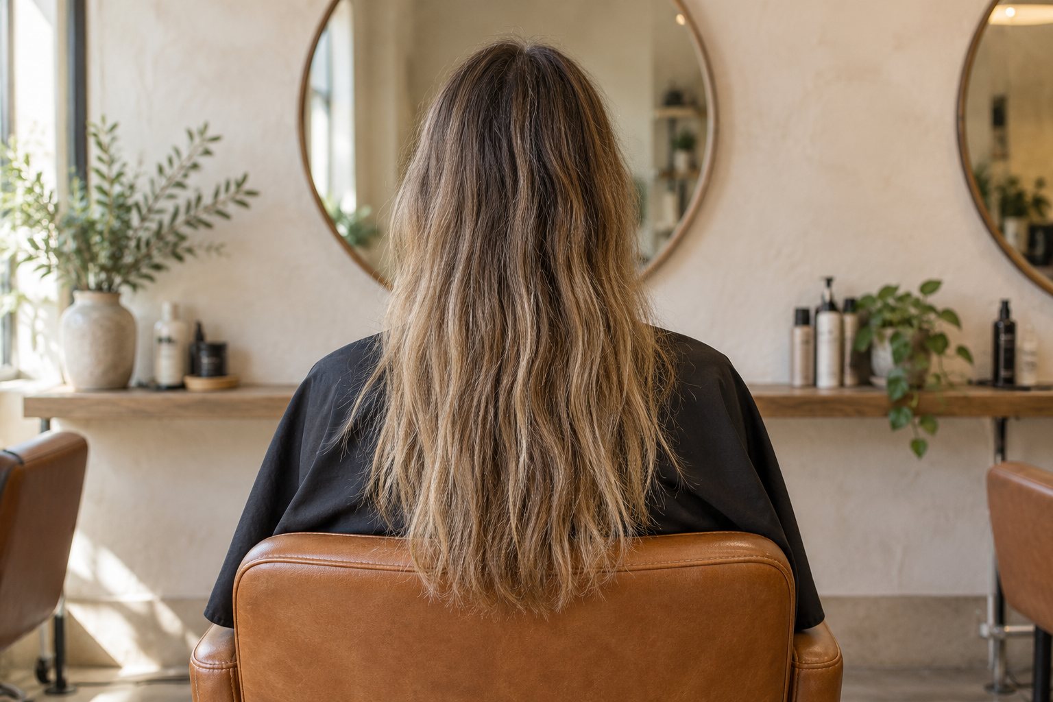 Long hair with grown-out roots and dry, uneven ends, seen from behind