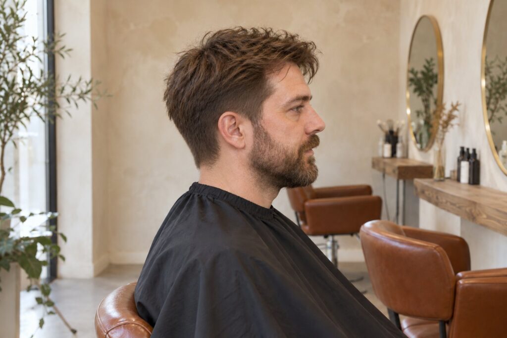 Same man in profile with a short textured cut and clean taper