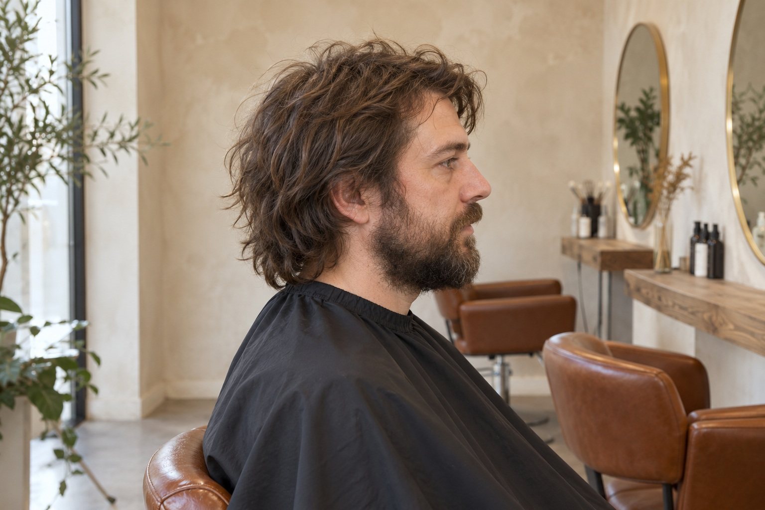 Man in profile with shaggy, grown-out hair over his ears
