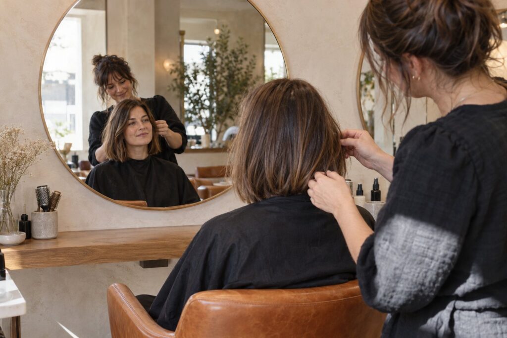Stylist checking a fresh bob in the mirror while the client smiles