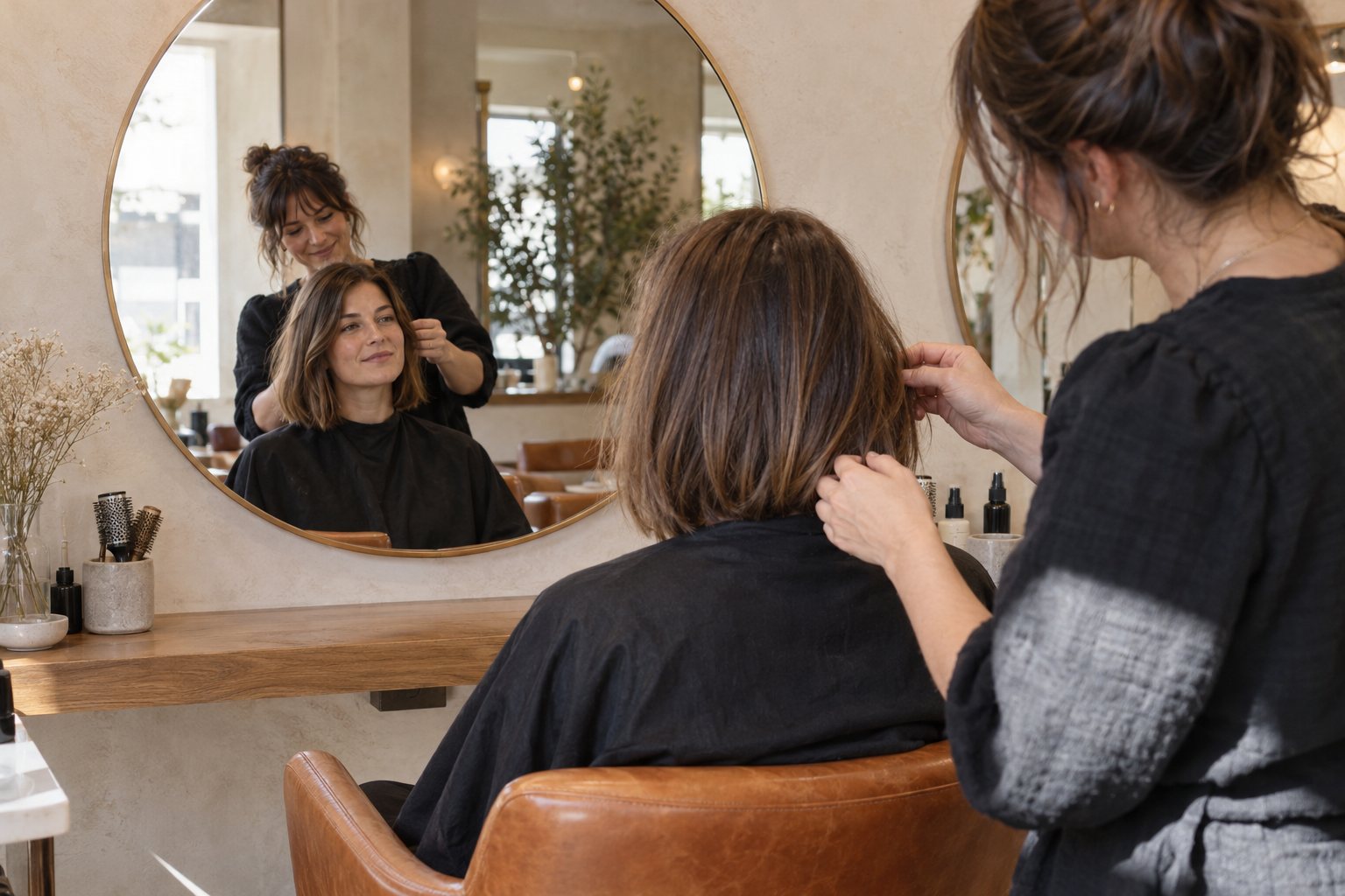 Stylist checking a fresh bob in the mirror while the client smiles