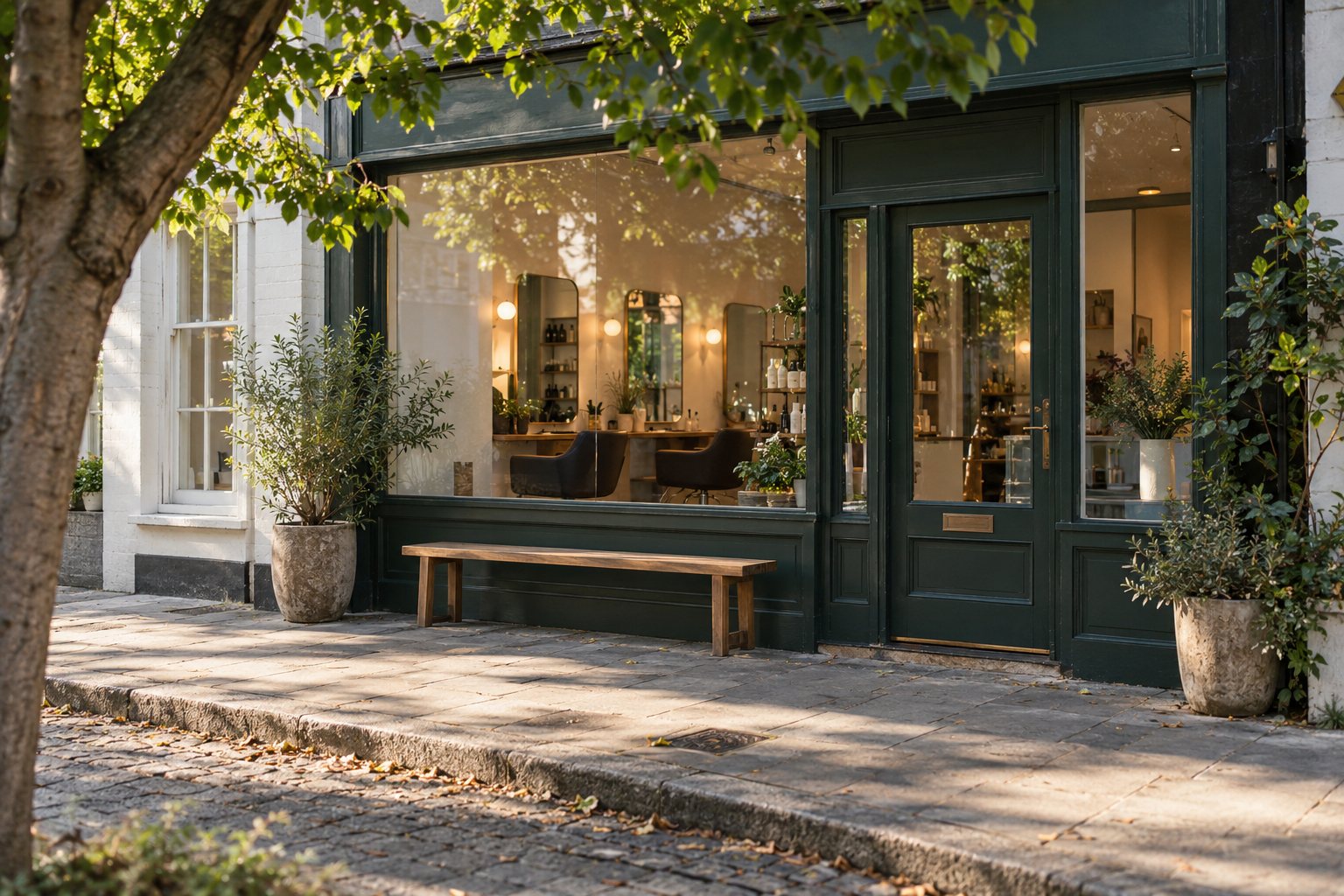 Wren’s dark green storefront and window bench on Fairmont Avenue