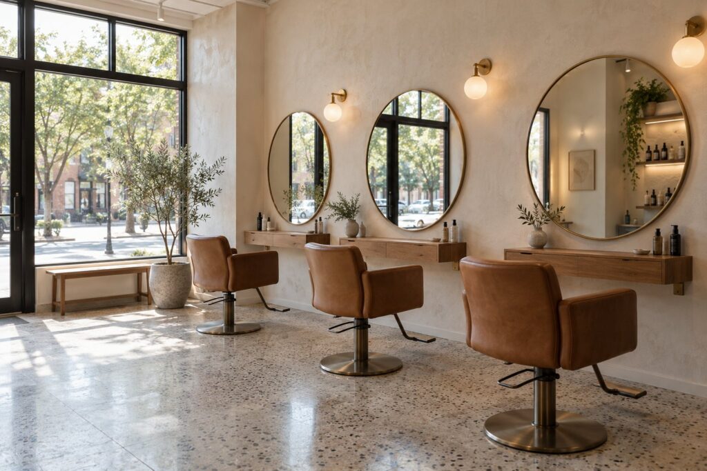 Three cognac leather chairs facing round brass mirrors by the front window
