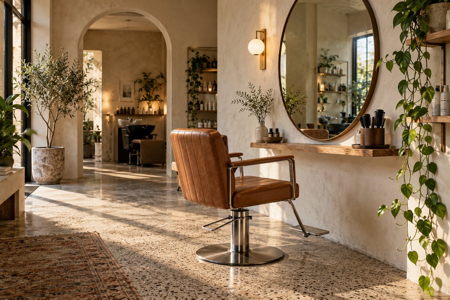 Empty styling chair beside a round brass mirror, late sun on terrazzo
